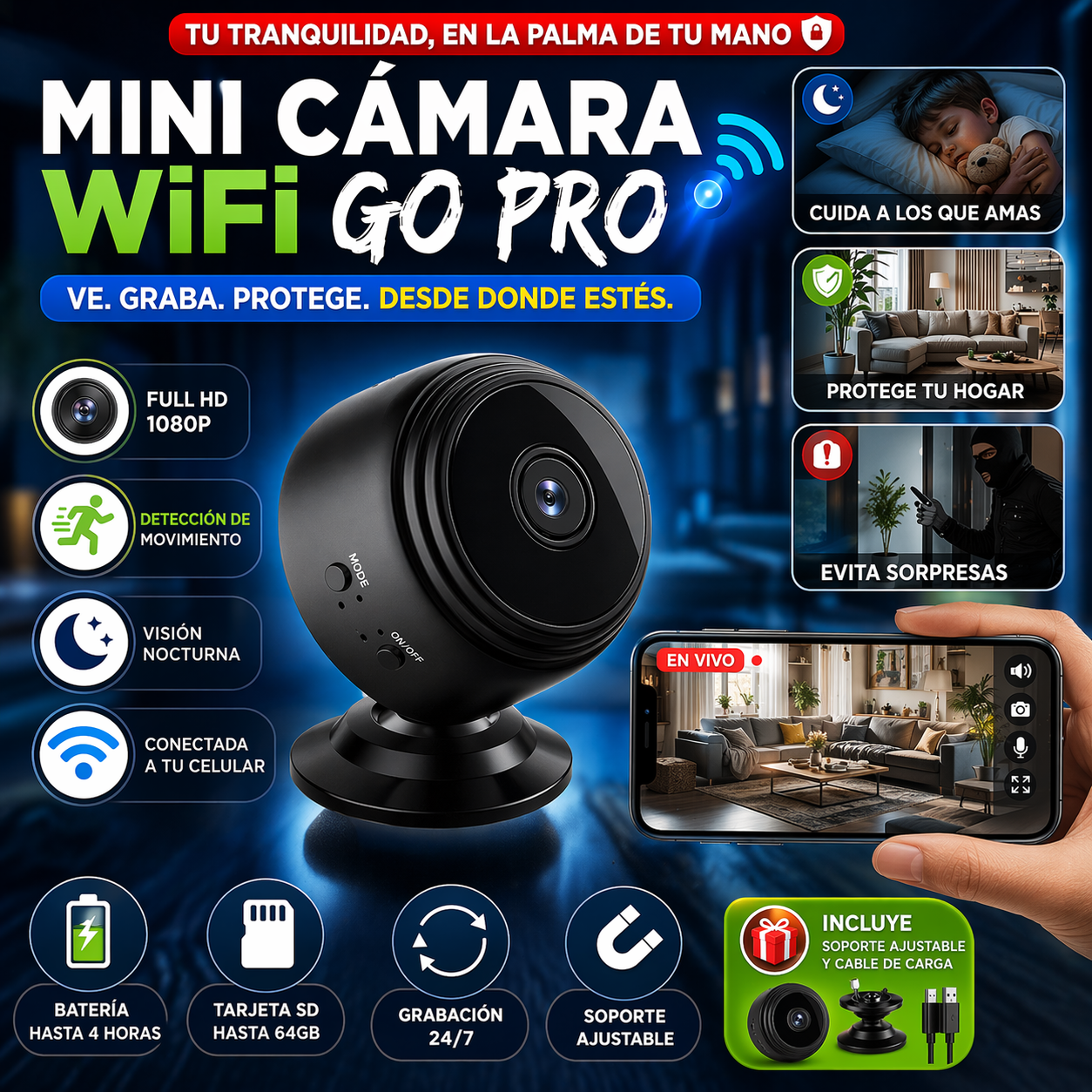 Mini Camara Go PRO 📷 Supervisa tu hogar en tiempo real y siente seguridad en cada momento 👀